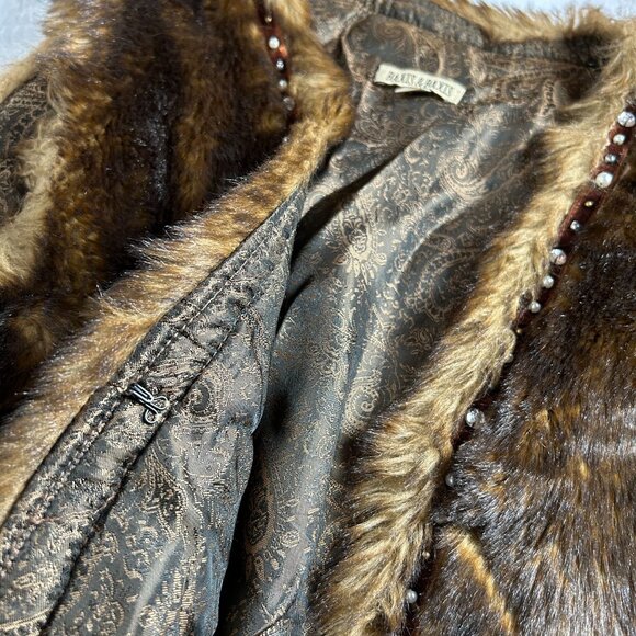 Baxis & Baxis Faux Fur Brown Vest with Paisley Lining Beaded Trim Medium Pockets - Picture 4 of 6